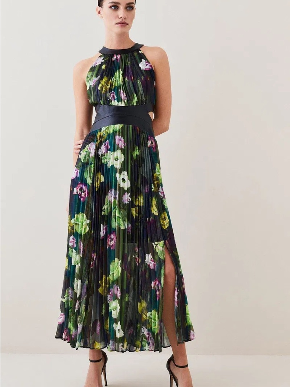 Karen Millen Navy Pleated Midi Dress with Green and Pink Floral Print